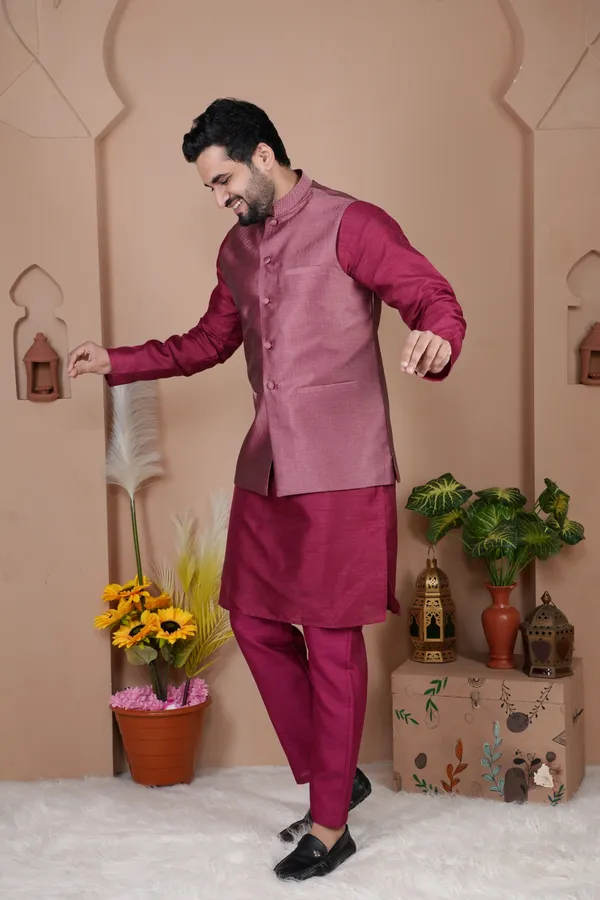 Dark_Pink_Jacquard_Kurta_Koti_Set_For_Men