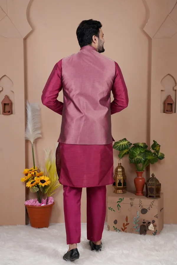 Dark_Pink_Jacquard_Kurta_Koti_Set_For_Men