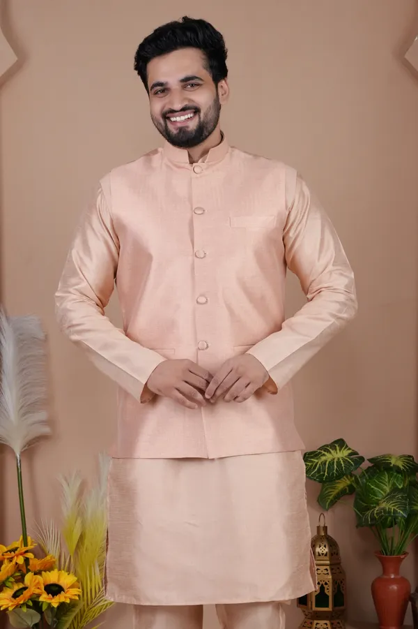 Rose_Gold_Jacquard_Kurta_Koti_Set_For_Men
