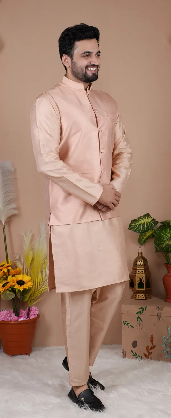 Rose_Gold_Jacquard_Kurta_Koti_Set_For_Men
