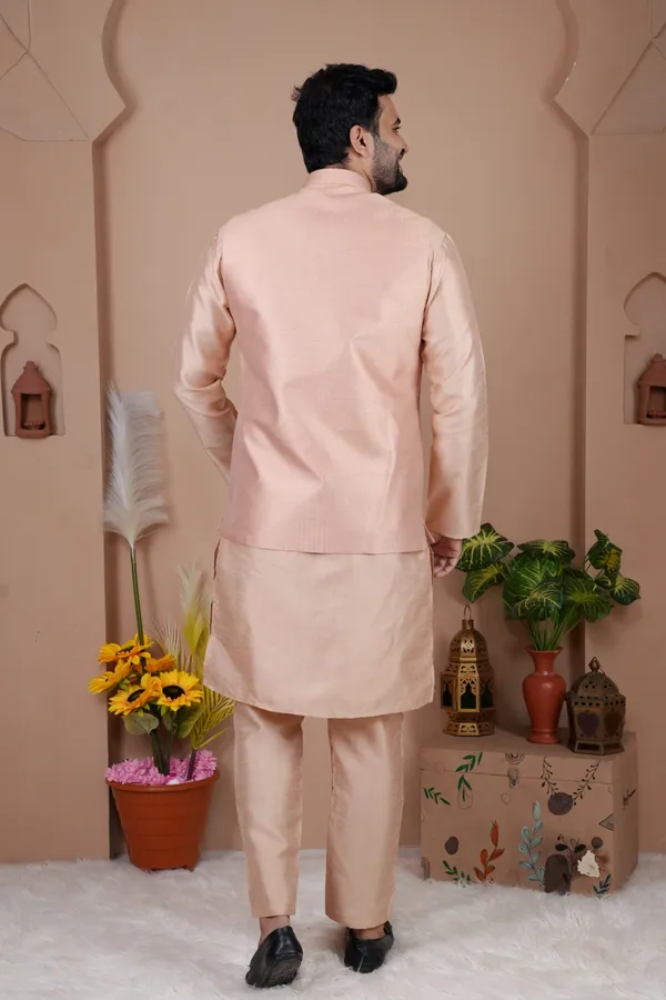 Rose_Gold_Jacquard_Kurta_Koti_Set_For_Men