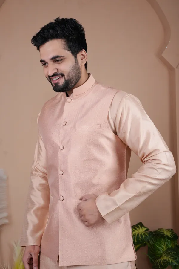Rose_Gold_Jacquard_Kurta_Koti_Set_For_Men