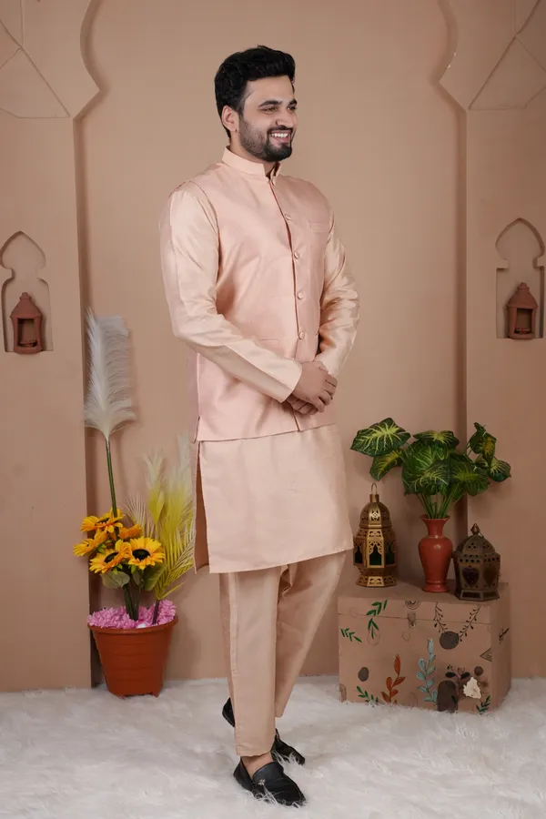 Rose_Gold_Jacquard_Kurta_Koti_Set_For_Men