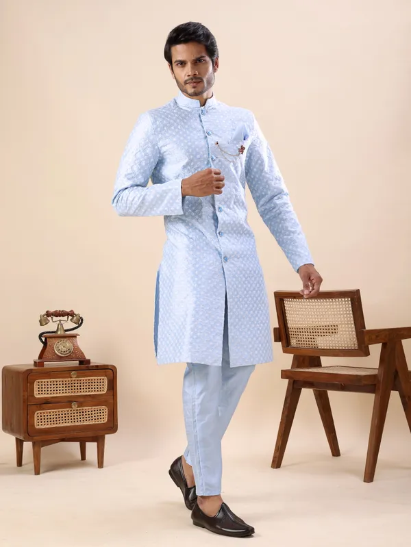Sky_Blue_Dots_Print_Indo_Western_Kurta_Set