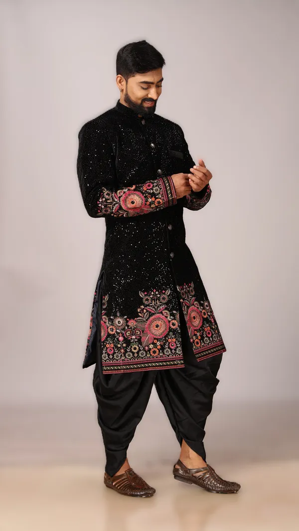 Velvet_Floral_Indo_Dhoti_Set_For_Men