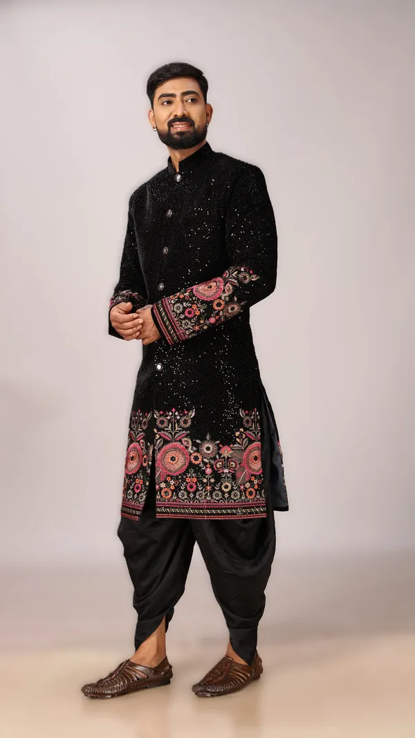 Velvet_Floral_Indo_Dhoti_Set_For_Men