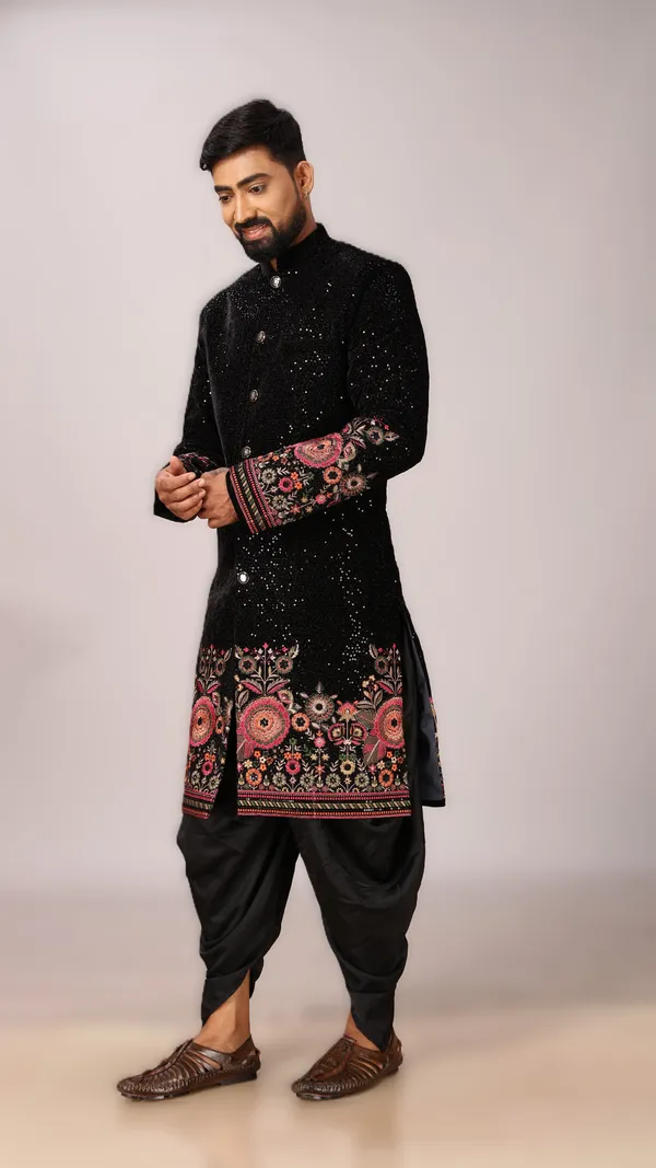 Velvet_Floral_Indo_Dhoti_Set_For_Men