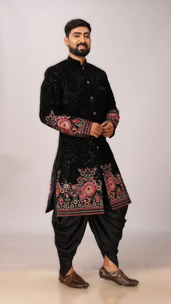 Velvet_Floral_Indo_Dhoti_Set_For_Men
