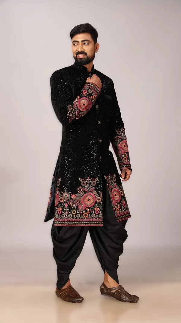 Velvet_Floral_Indo_Dhoti_Set_For_Men