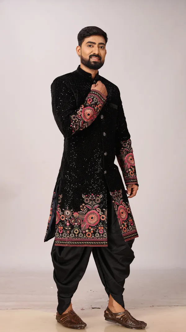 Velvet_Floral_Indo_Dhoti_Set_For_Men