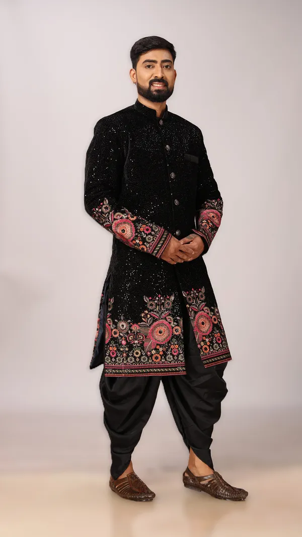 Velvet_Floral_Indo_Dhoti_Set_For_Men