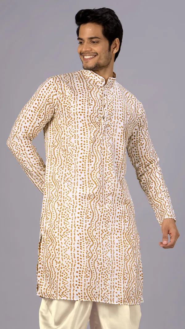 White_Bandhani_Printed_Kurta_For_Men