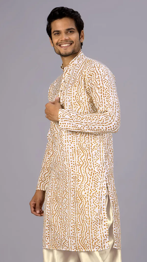White_Bandhani_Printed_Kurta_For_Men