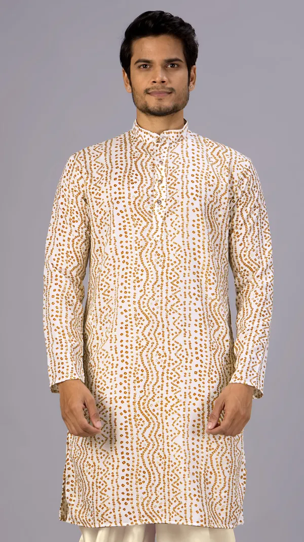 White_Bandhani_Printed_Kurta_For_Men