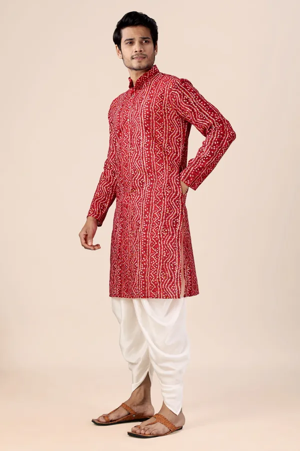 White_Dotted_Bandhani_Dhoti_Kurta_Koti_3_Piece_Set_For_Men