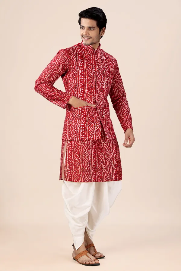 White_Dotted_Bandhani_Dhoti_Kurta_Koti_3_Piece_Set_For_Men