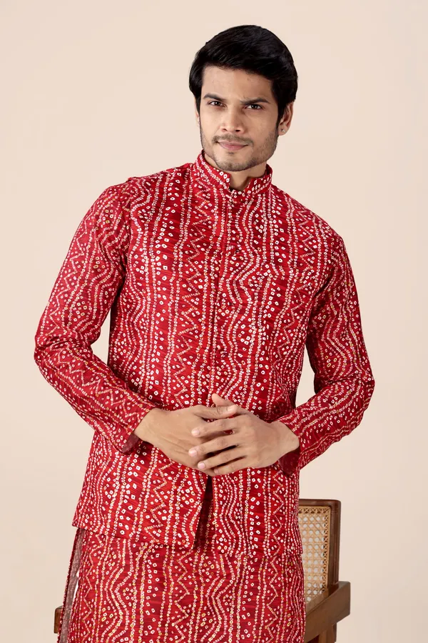 White_Dotted_Bandhani_Dhoti_Kurta_Koti_3_Piece_Set_For_Men