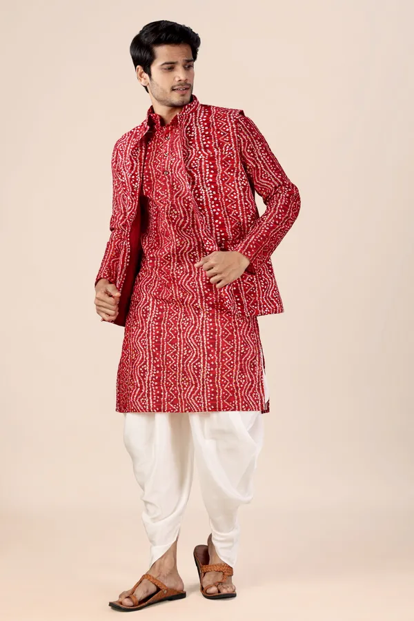 White_Dotted_Bandhani_Dhoti_Kurta_Koti_3_Piece_Set_For_Men