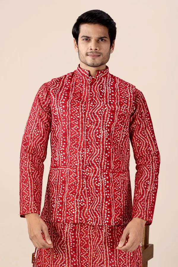 White_Dotted_Bandhani_Dhoti_Kurta_Koti_3_Piece_Set_For_Men