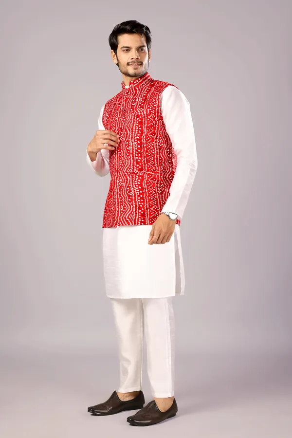 White_Dotted_Bandhani_Kurta_Koti_Set_For_Men