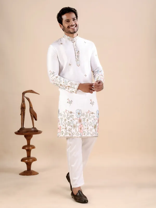 White_Satin_Daman_Floral_Kurta_For_Men
