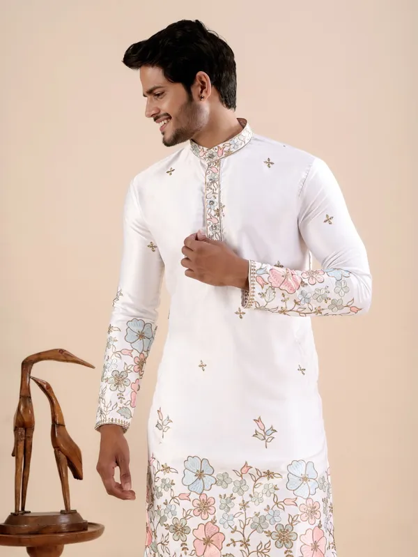White_Satin_Daman_Floral_Kurta_For_Men