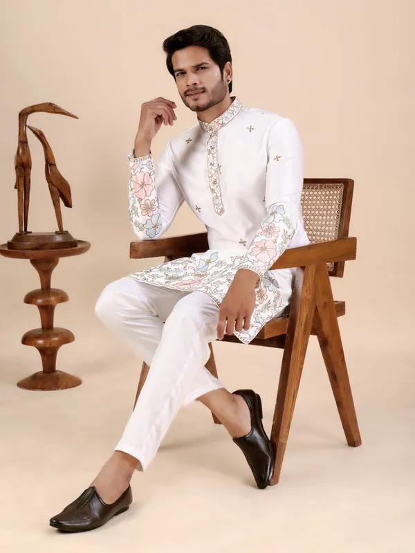White_Satin_Daman_Floral_Kurta_For_Men