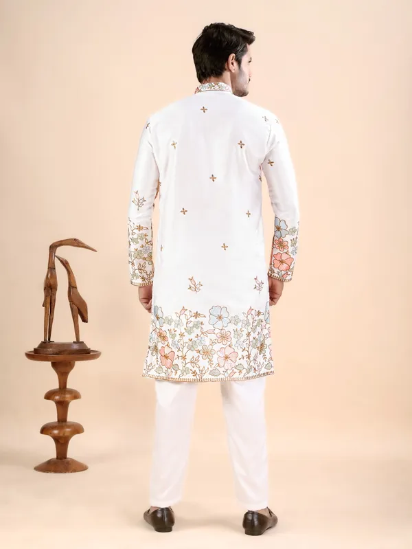 White_Satin_Daman_Floral_Kurta_For_Men