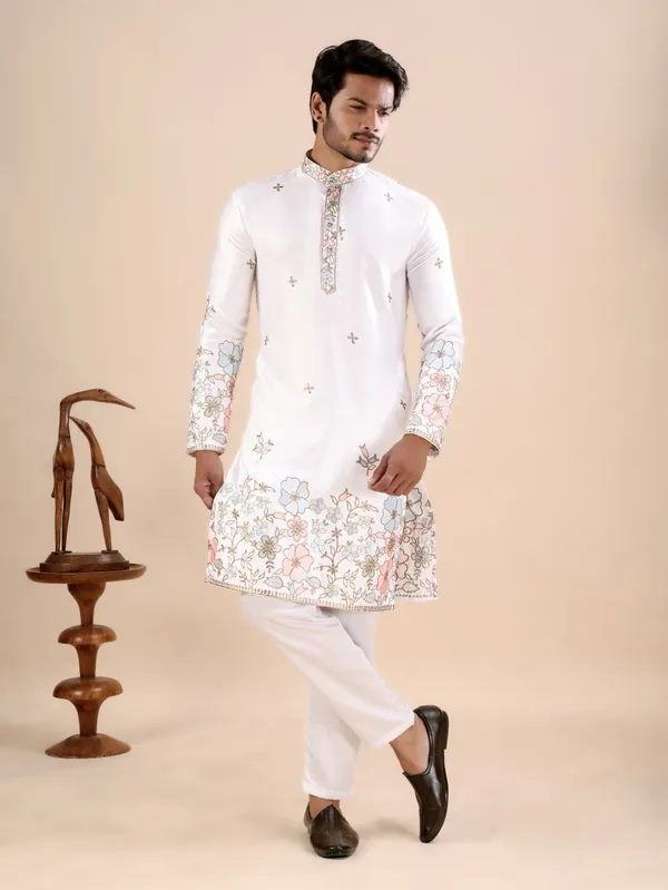 White_Satin_Daman_Floral_Kurta_For_Men