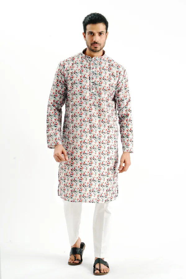 White_V_Pattern_Crochet_Kurta_For_Men