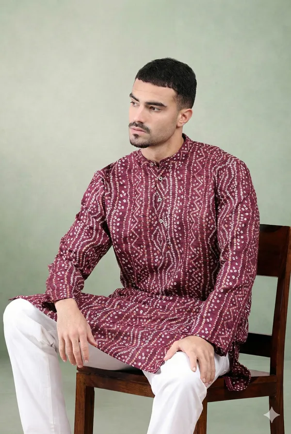 Wine_Bandhani_Dupatta_Kurta_Set_For_Men