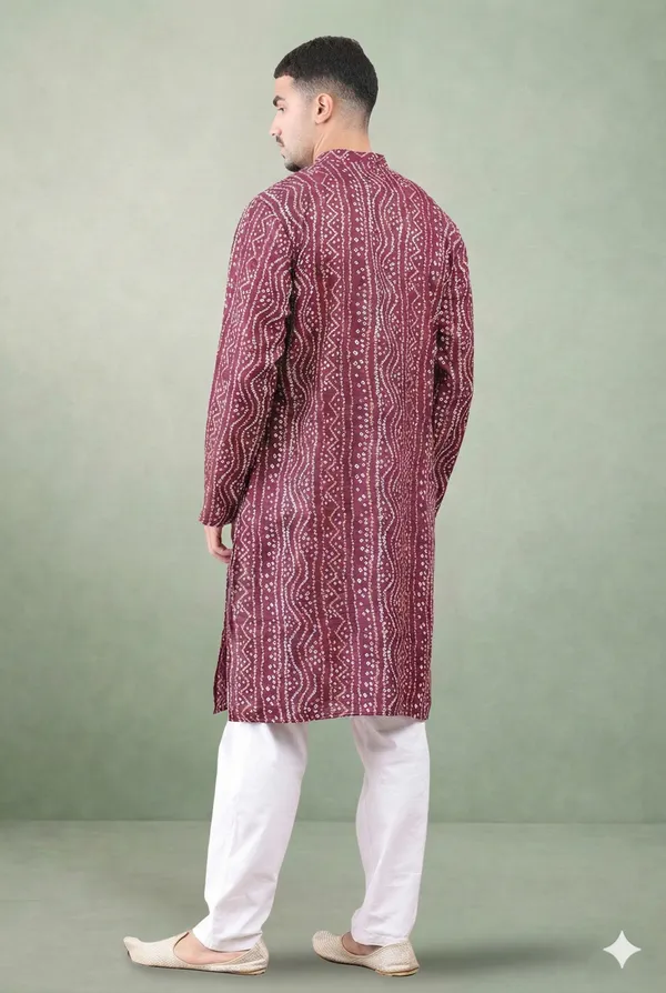 Wine_Bandhani_Dupatta_Kurta_Set_For_Men