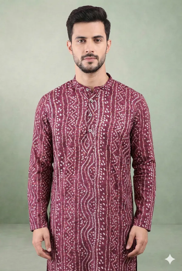 Wine_Bandhani_Dupatta_Kurta_Set_For_Men