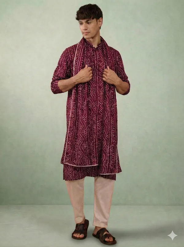 Wine_Bandhani_Dupatta_Kurta_Set_For_Men