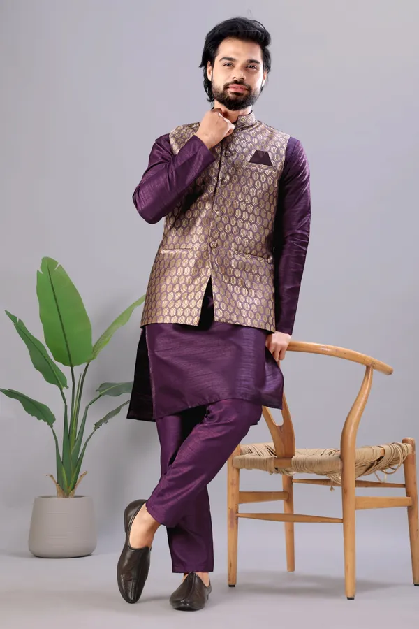 Wine_Jacquard_Kurta_Koti_Set_For_Men
