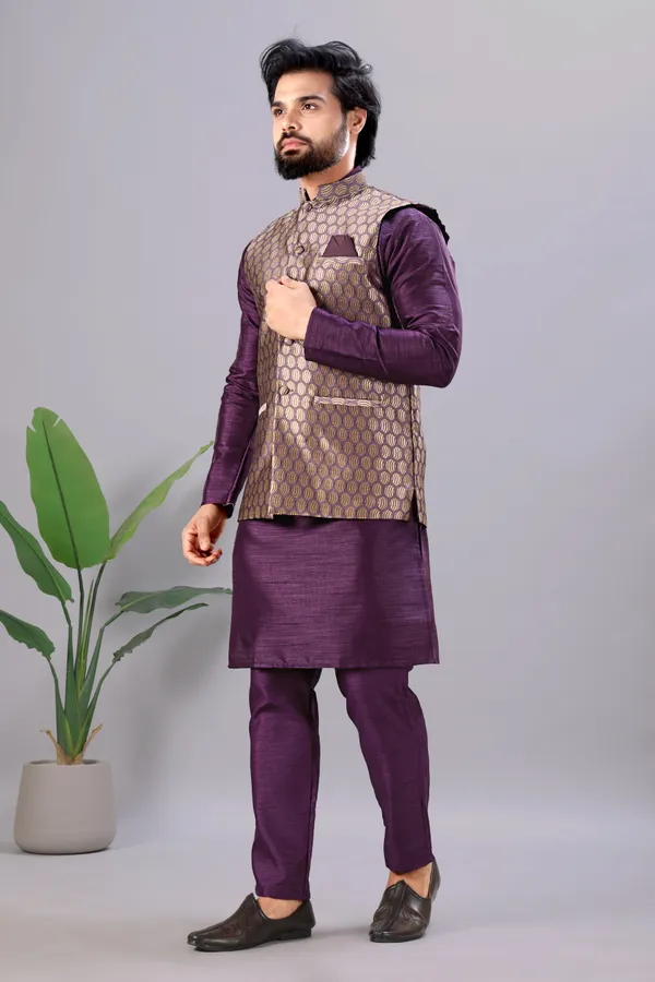 Wine_Jacquard_Kurta_Koti_Set_For_Men