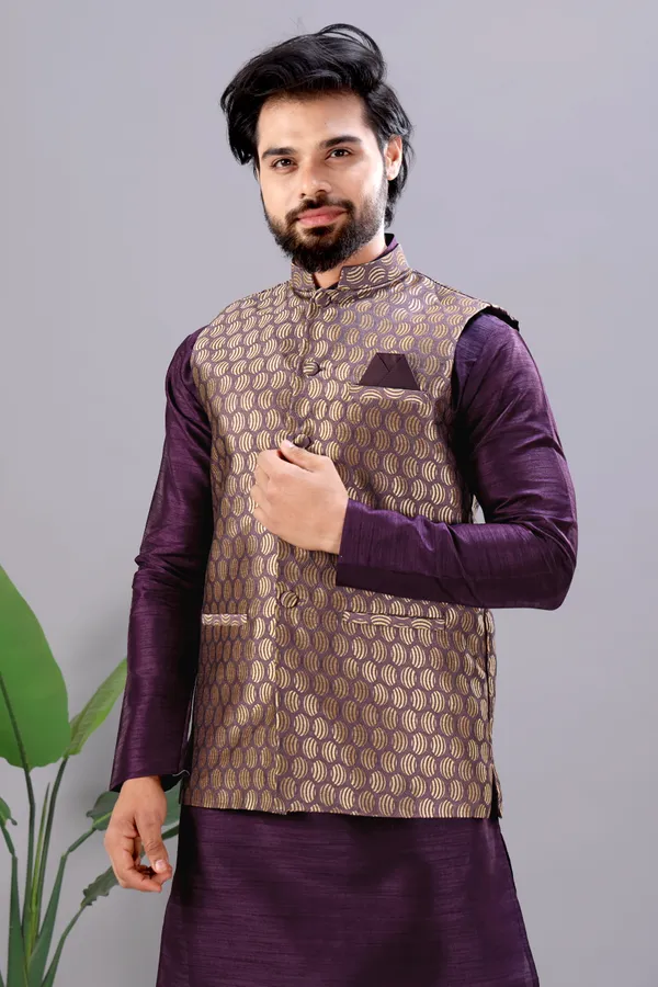 Wine_Jacquard_Kurta_Koti_Set_For_Men