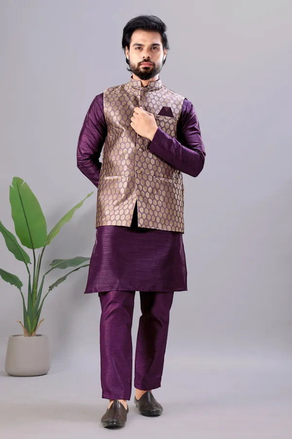 Wine_Jacquard_Kurta_Koti_Set_For_Men