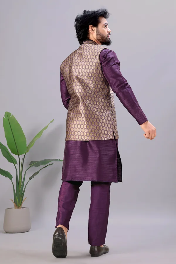 Wine_Jacquard_Kurta_Koti_Set_For_Men