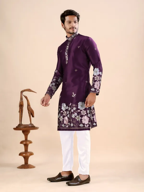 Wine_Satin_Daman_Floral_Kurta_For_Men