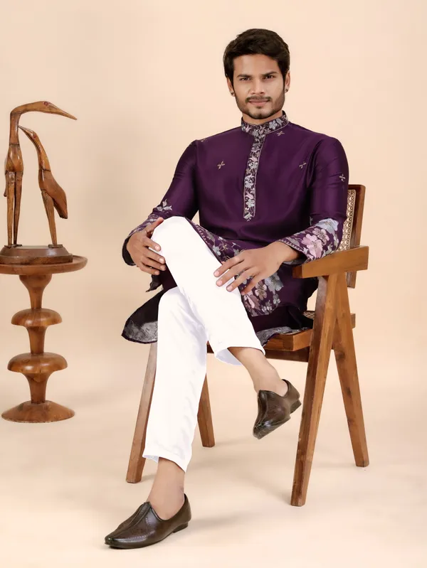 Wine_Satin_Daman_Floral_Kurta_For_Men