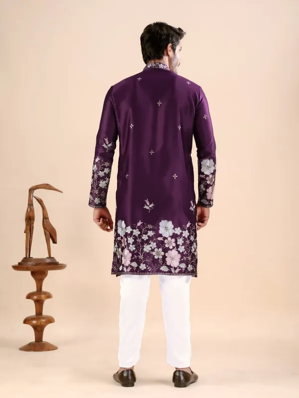 Wine_Satin_Daman_Floral_Kurta_For_Men
