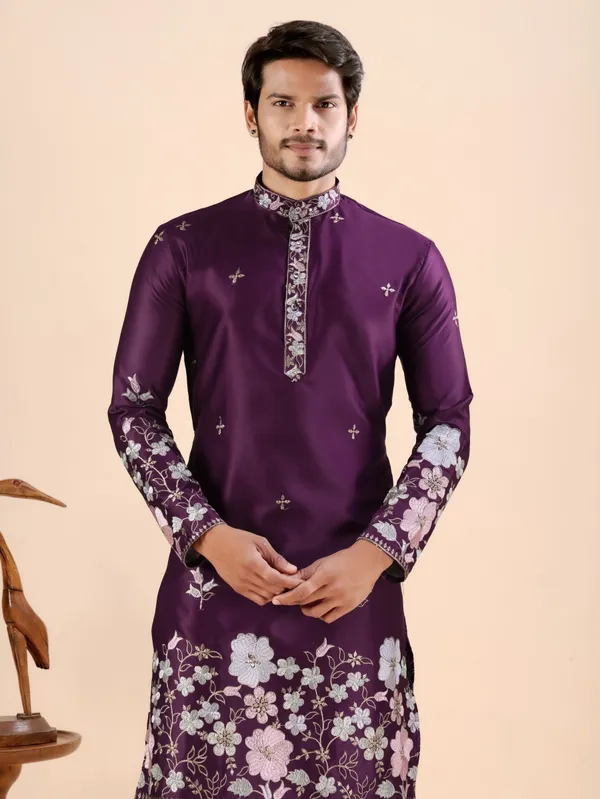 Wine_Satin_Daman_Floral_Kurta_For_Men