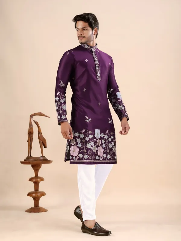Wine_Satin_Daman_Floral_Kurta_For_Men