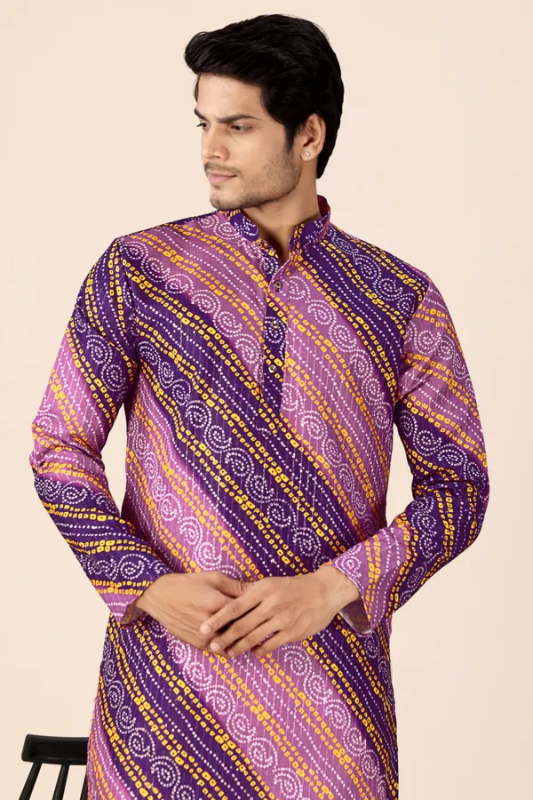 Wine_&_Purple_Crochet_Bandhani_Kurta_For_Men