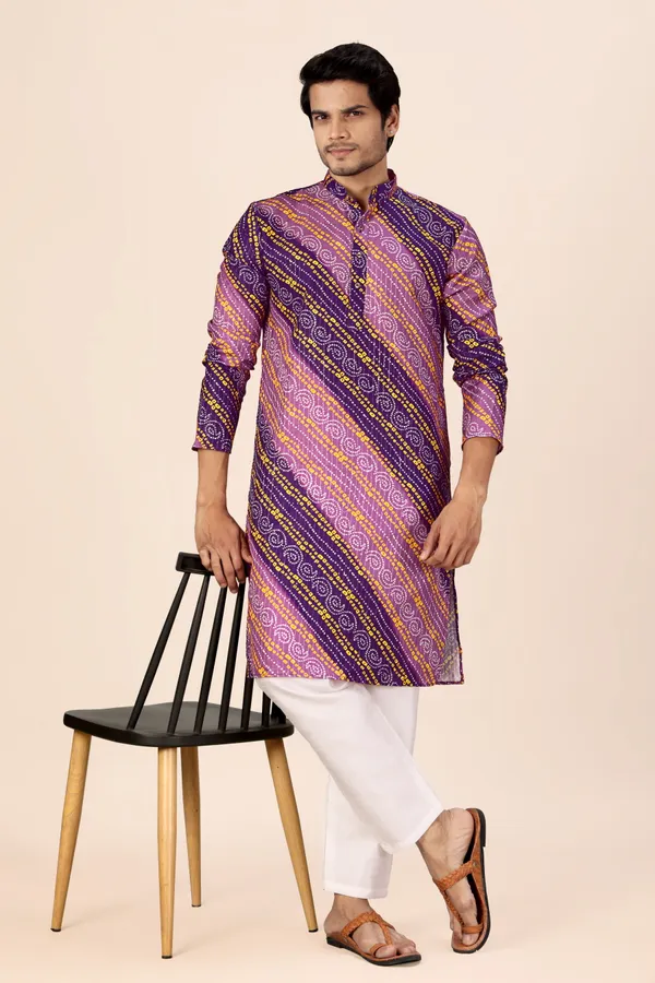 Wine_&_Purple_Crochet_Bandhani_Kurta_For_Men