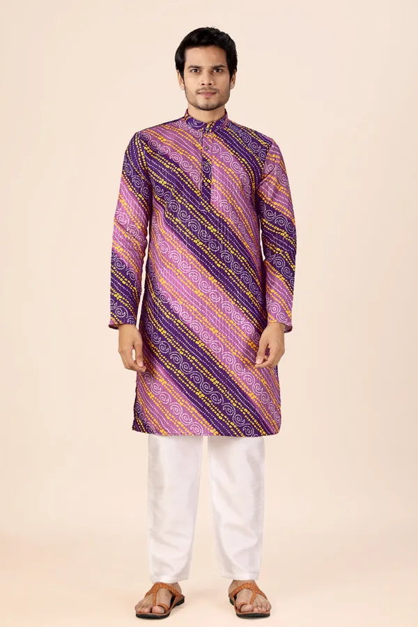 Wine_&_Purple_Crochet_Bandhani_Kurta_For_Men
