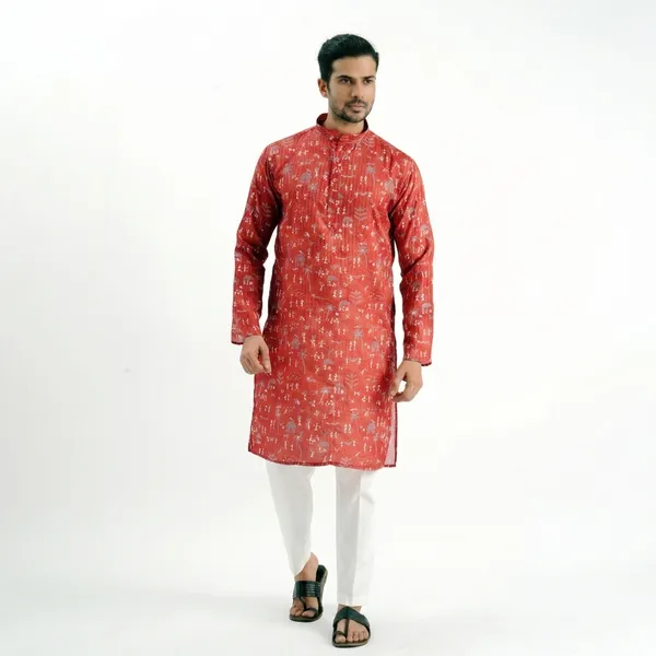 Red_Crochet_Printed_Kurta_For_Men