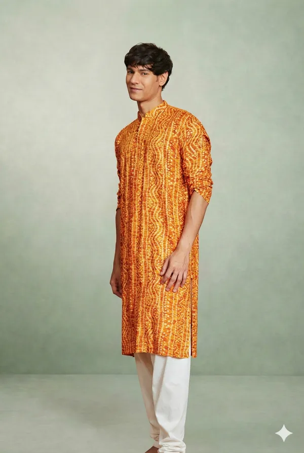 Yellow_Bandhani_Dupatta_Kurta_Set_For_Men