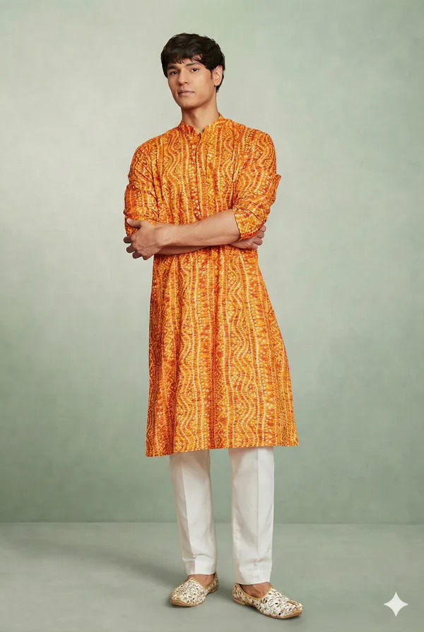 Yellow_Bandhani_Dupatta_Kurta_Set_For_Men